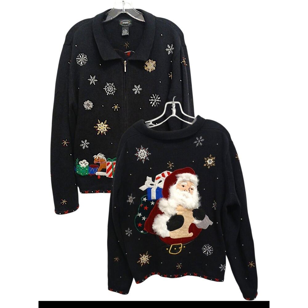3D Christmas Zip Cardigan Embroidered Beaded Sz XL Black Fair Isle Santa Holiday